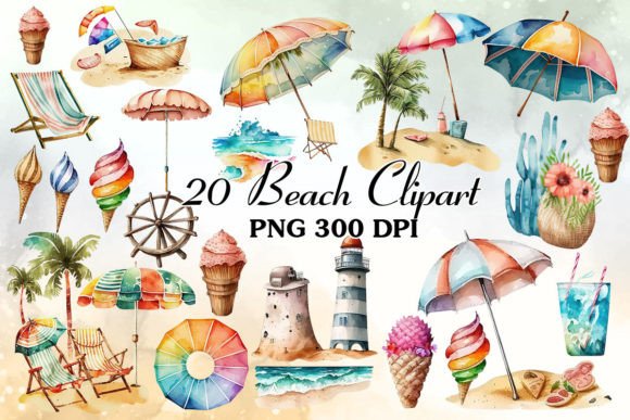 Beach Watercolor Clipart Elements Bundle: Instant Coastal Charm