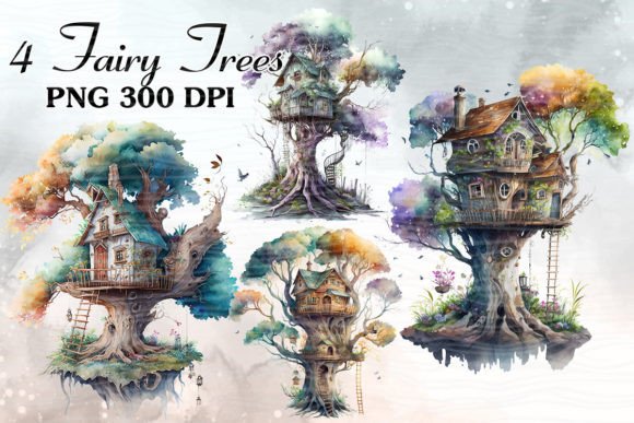 Enchant Your Designs with the Fairy Tree Watercolor Clipart Bundle