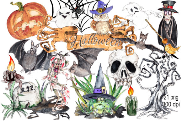 Hand Drawn Watercolor Halloween Bundle for Seasonal Design