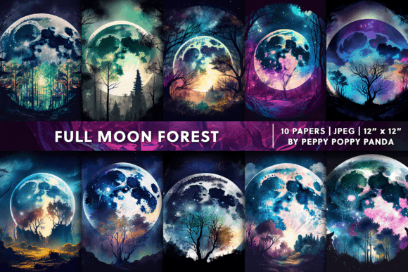 Magical Full Moon Forest Digital Paper: Enchanting Design Assets