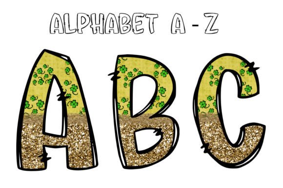 St Patricks Gold Glitter Alphabet: Festive & Bold Design